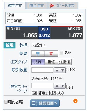 GMOクリック証券・天然ガスCFD取引画面