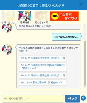 SBI FXトレード・「AIチャット・経済指標なら任せて」画面