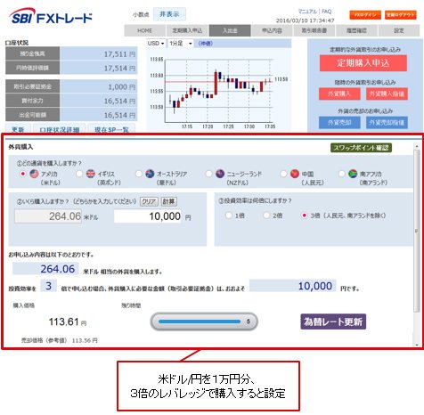 SBI FXトレード「レバレッジ付き定期外貨取引」取引画面