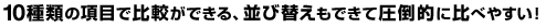10種類の項目で比較ができる