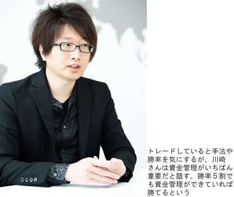 トレードしていると手法や勝率を気にするが、川崎さんは資金管理がいちばん重要だと話す。勝率5割でも資金管理ができていれば勝てるという