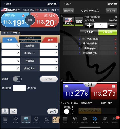 GMOクリック証券「GMOクリック FXneo」(左)とYJFX!「FX Cymo」(右)のスピード注文画面