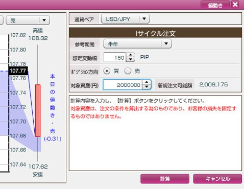 外為オンライン・iサイクル注文 ボラティリティ方式設定画面