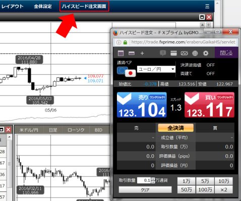 FXプライム byGMOのプライムチャート:ハイスピード注文