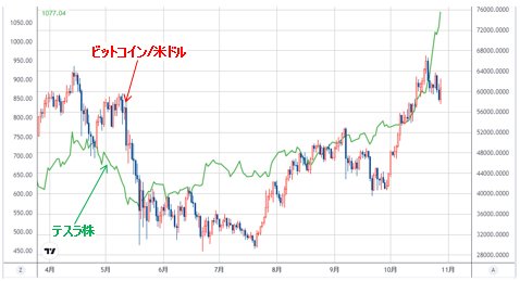 ビットコイン/米ドル VS テスラ 日足チャート