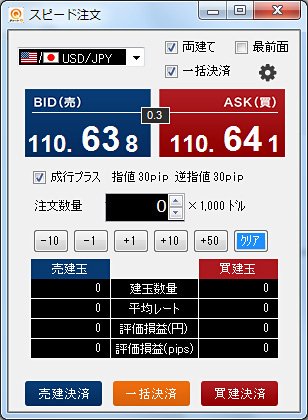 クイックチャート・トレードプラスのスピード注文画面