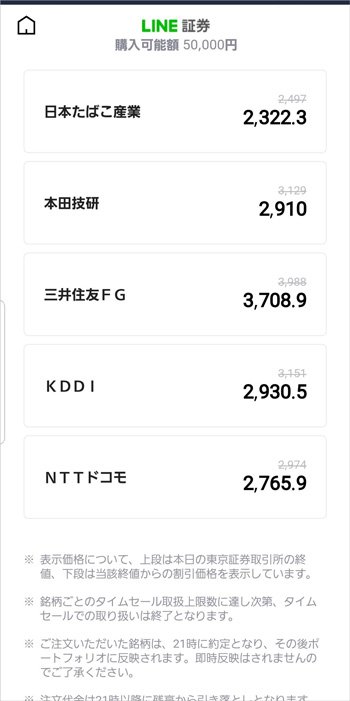 LINE証券「株のタイムセール」5銘柄の割引価格