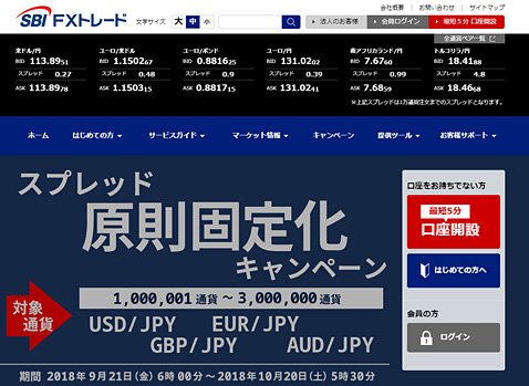 SBI FXトレードのウェブサイト