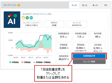 取引する数量または金額を指定して取引開始