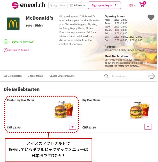 スイスのビッグマックの販売価格
