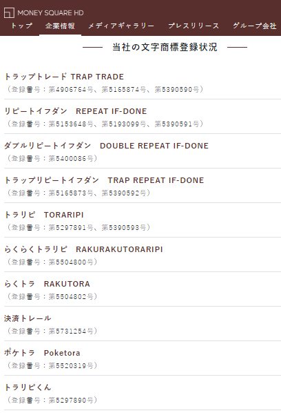 マネースクエアHDの文字商標登録状況(一部抜粋)