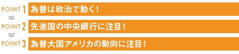 POINT 1 為替は政治で動く!
POINT 2 先進国の中央銀行に注目!
POINT 3 為替大国アメリカの動向に注目!