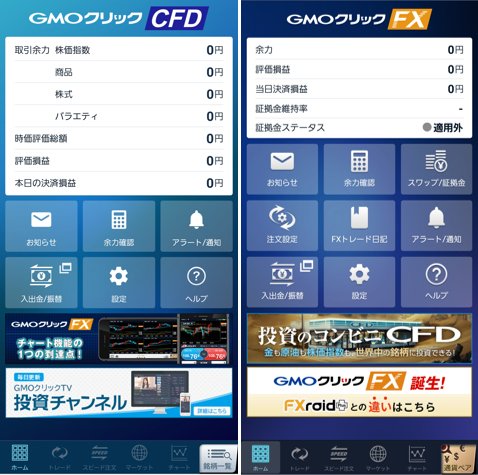 GMOクリック CFD(左側)とGMOクリック FXneo(右側)のログイン後の画面