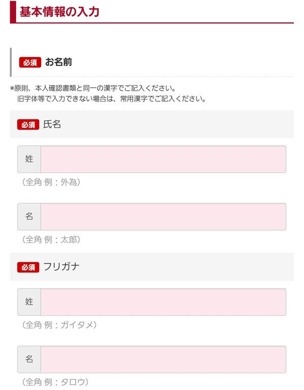 外為オンライン基本情報入力画像
