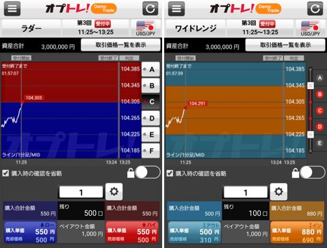 【オプトレ!】のスマホ版のラダーオプション取引画面(左)とワイドレンジ取引画面(右)