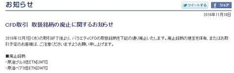 GMOクリック証券CFD・「原油ブル3倍ETN」と「原油ベア3倍ETN」廃止のお知らせ