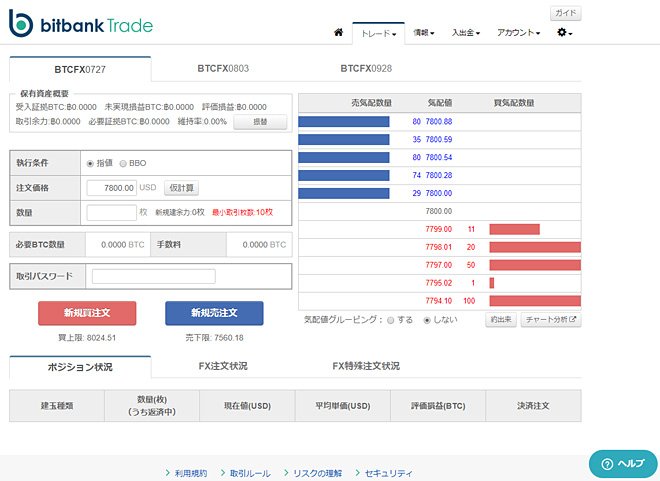 bitbankTrade(BTCFX)の取引画面