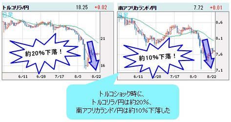 世界の通貨VS円(左:トルコリラ/円、右/南アフリカランド/円 日足)