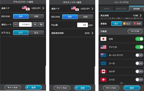 新スマホアプリ『外貨ネクストネオ「GFX」』・プッシュ通知設定画面（左・レート 中・ボラティリティ 右・経済指標）