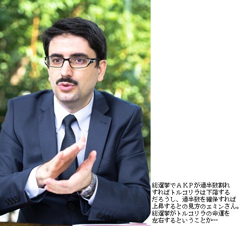 総選挙の結果次第でトルコリラは上下するとの見方のエミンさん。総選挙がトルコの命運を左右する