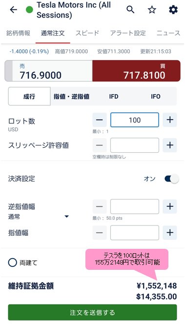 テスラの通常注文画面