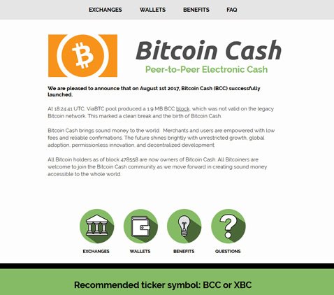 Bitcoin Cash（ビットコイン・キャッシュ）のウェブサイト